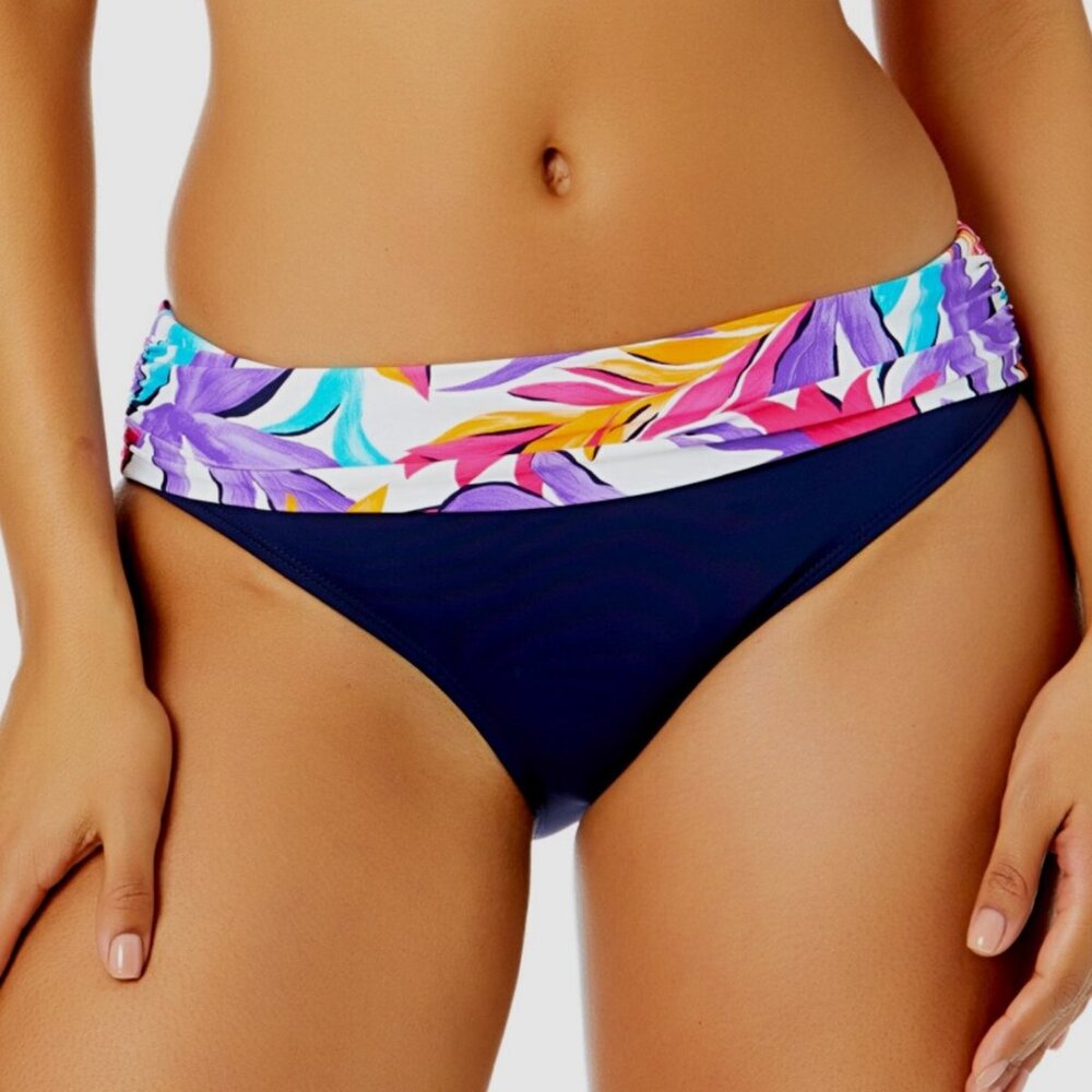 Anne Cole Fold-Over Bikini Bottom - Tropical Waistband Navy | Size XS